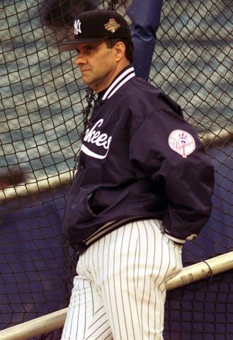 Joe Torre watches batting practice prior to Game 6 of the 1996 World Series.